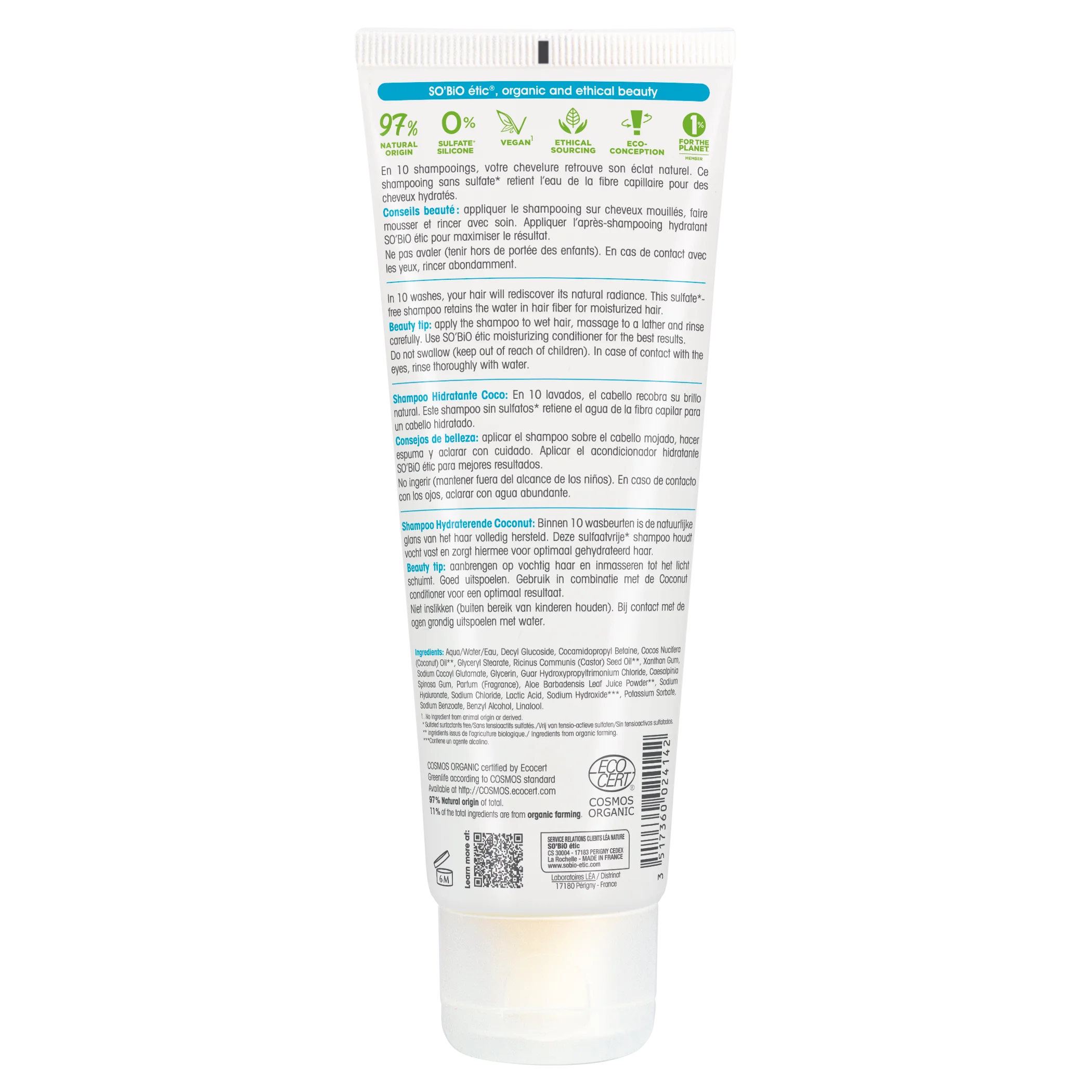 SO’BiO étic Vlažilni šampon s kokosom in hialuronsko kislino BIO (250 ml) - za vse tipe las