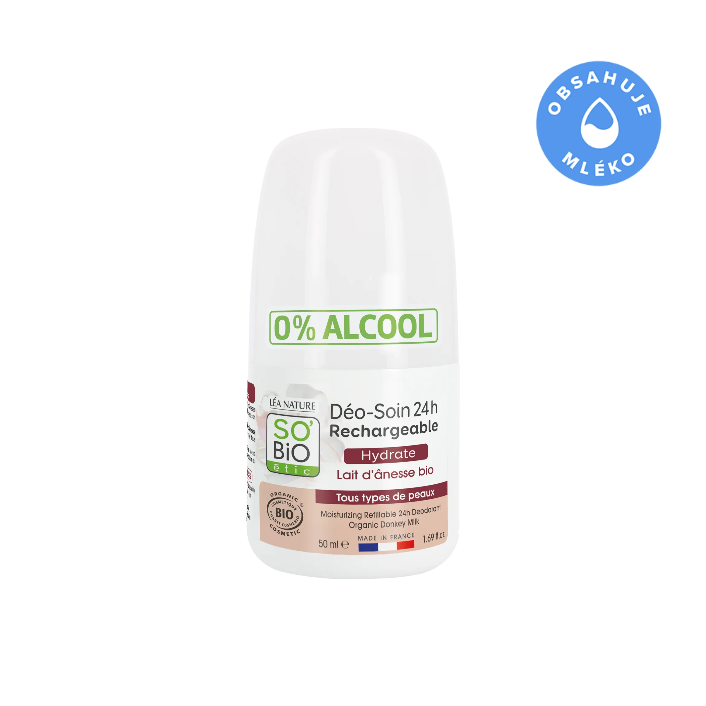 SO’BiO étic Roll-on dezodorant 24-urni vlažilni z oslovskim mlekom - ponovno polnljiv BIO (50 ml) - tudi za občutljivo kožo