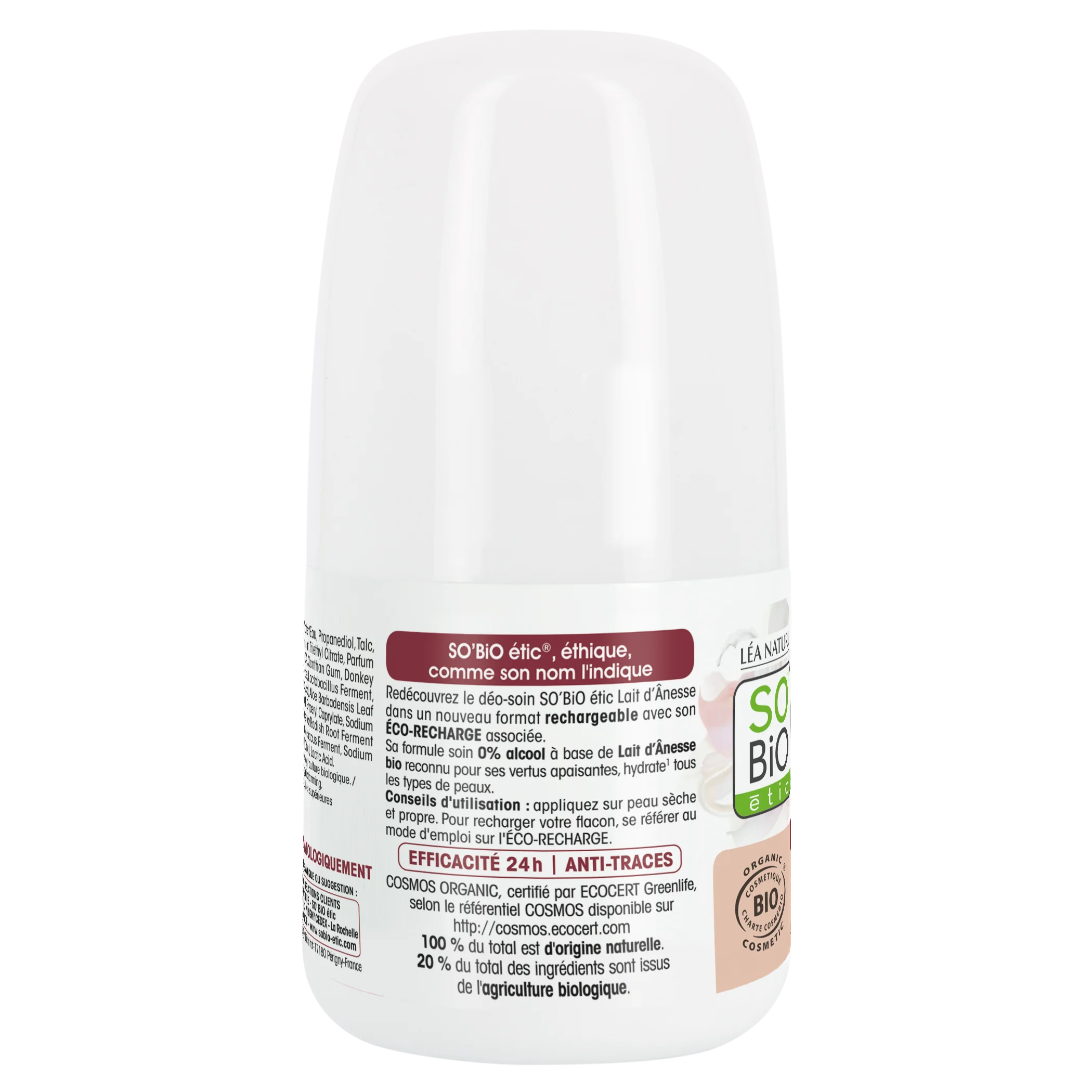 SO’BiO étic Roll-on dezodorant 24-urni vlažilni z oslovskim mlekom - ponovno polnljiv BIO (50 ml) - tudi za občutljivo kožo