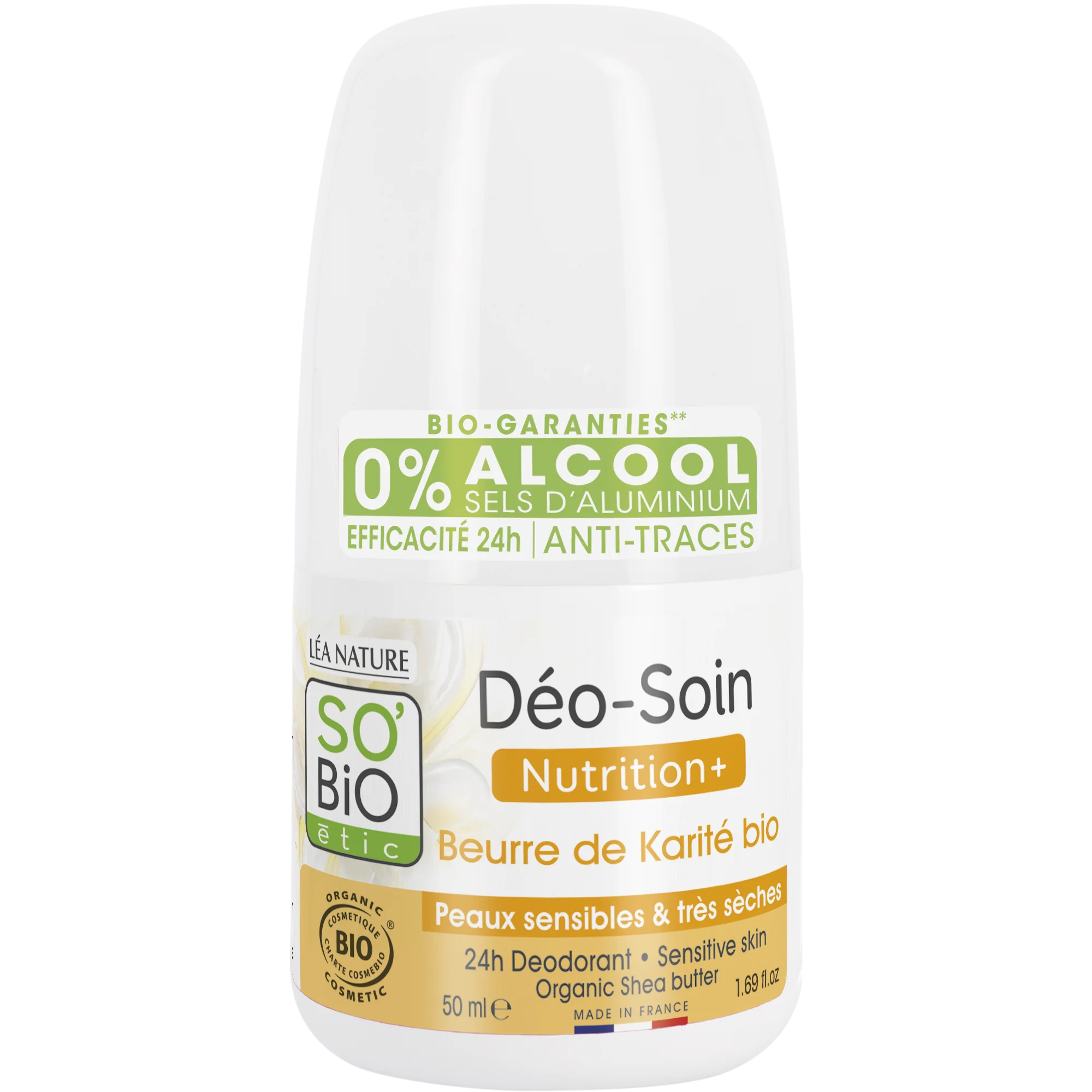 SO’BiO étic Dezodorant roll-on 24h Nutrition+ z BIO karitejem (50 ml) - učinkovit do 24 ur