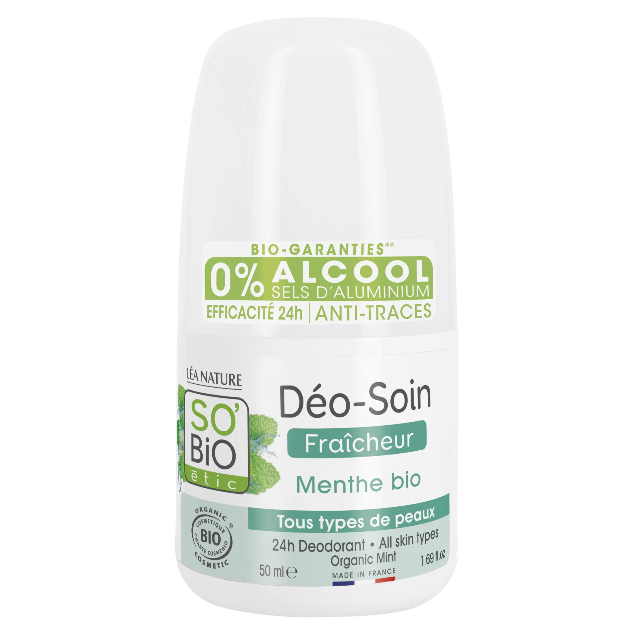 SO’BiO étic Dezodorant roll-on 24h osvežujoč z BIO meto (50 ml) - učinkovit do 24 ur